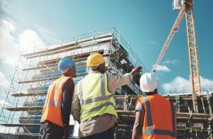 Contractors on a construction site looking at building in process